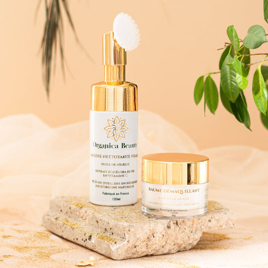 Méthode du double nettoyage visage avec baume démaquillant et mousse nettoyante nigelle