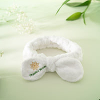Bandeau cheveux velours coral fleece pour routine soin visage Organica Beauty